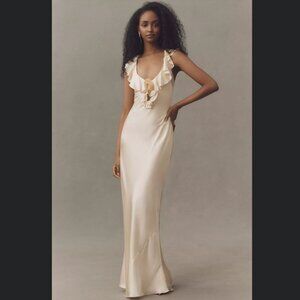 De La Vali Nema Ruffle Rosette Silk Satin Maxi Dress